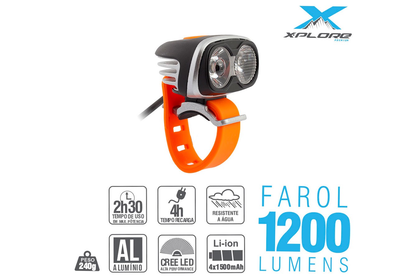 Farol Recarregável Duplo 1200 Lúmens 2 LEDs Cree - X-plore
