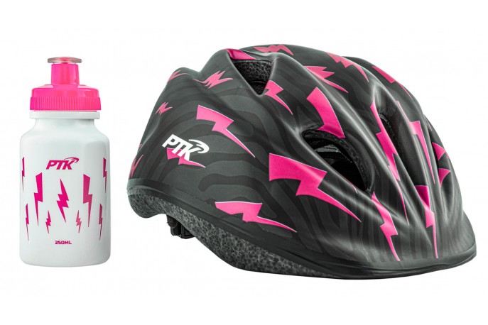 Capacete Ciclista Infantil com regulagem + Squeeze 250ml modelo Raio Rosa - PTK