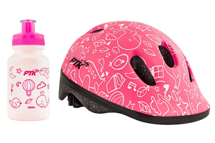 Capacete Ciclista Infantil com regulagem + Squeeze 250ml modelo Sky Rosa - PTK