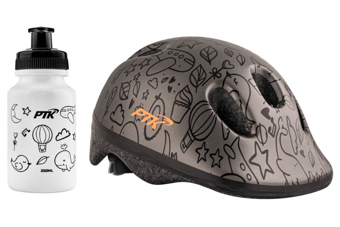 Capacete Ciclista Infantil Baby com regulagem + Squeeze 250ml modelo Sky Grafite - PTK